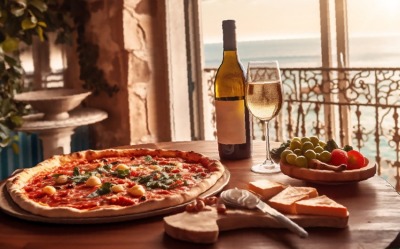 Tischgedeck: Pizza mit einer Flasche Wein 