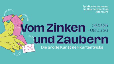 Ausstellungsgrafik mit Illustration von zwei mit Karten spielenden Händen