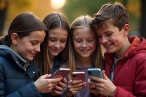 Jugendschutz - Kindergruppe mit Smartphones